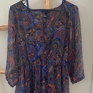 Forever 21 Blue and Orange Paisley Long Sleeve Dress